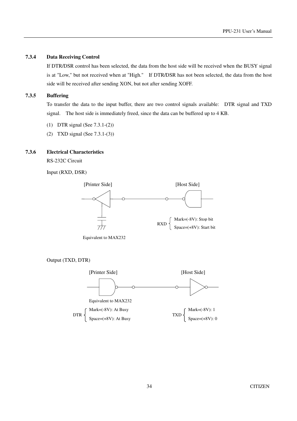 4 data receiving control, 5 buffering, 6 electrical characteristics | CITIZEN PPU-231 User Manual | Page 47 / 100