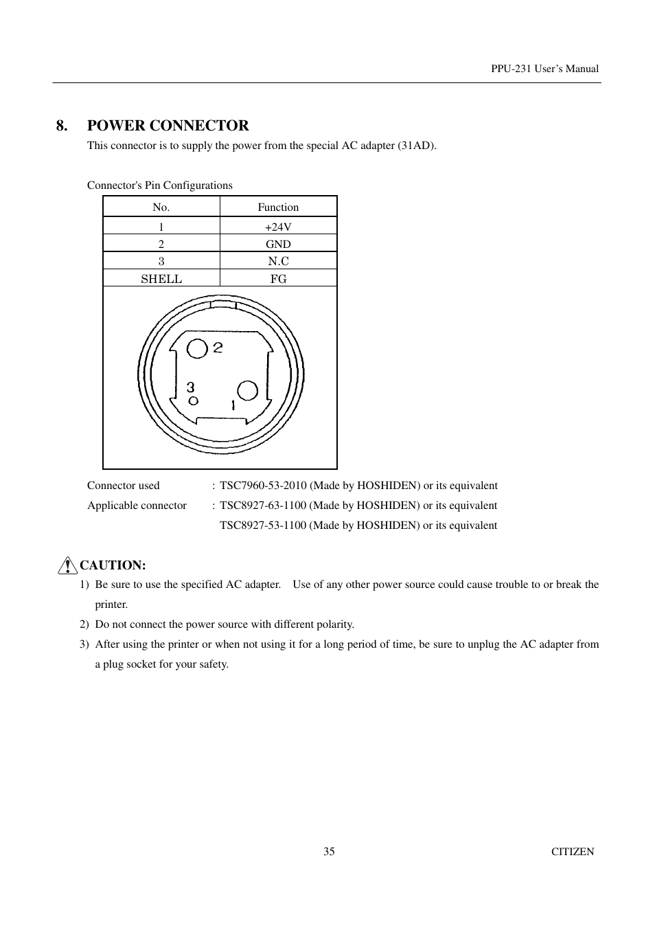 Power connector | CITIZEN PPU-231 User Manual | Page 48 / 100