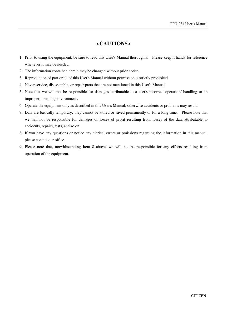 Cautions | CITIZEN PPU-231 User Manual | Page 5 / 100