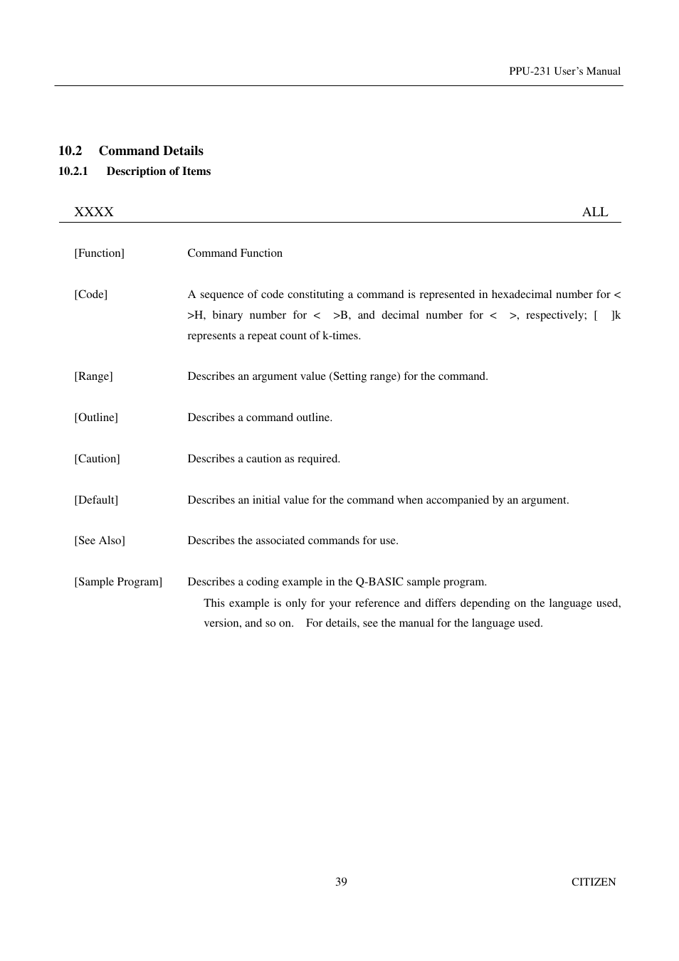 2 command details, 1 description of items | CITIZEN PPU-231 User Manual | Page 52 / 100
