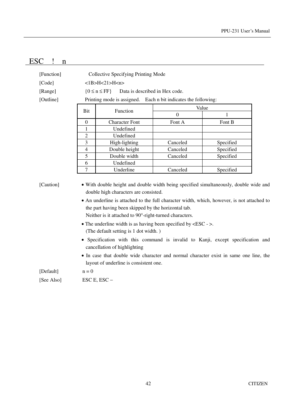 Esc ! n | CITIZEN PPU-231 User Manual | Page 55 / 100