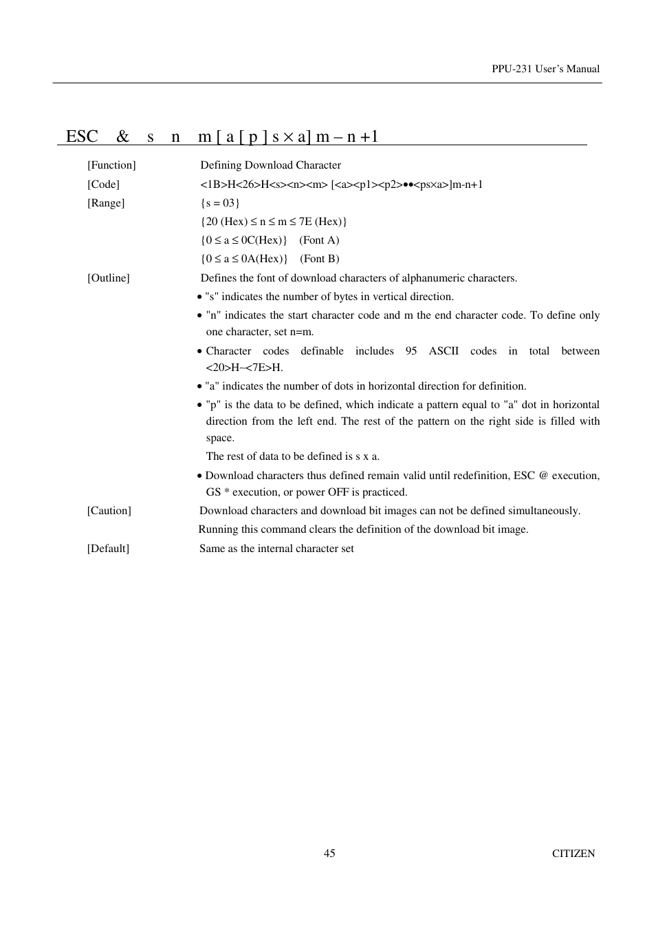 Esc & s n m [ a [ p ] s × a] m – n +1 | CITIZEN PPU-231 User Manual | Page 58 / 100
