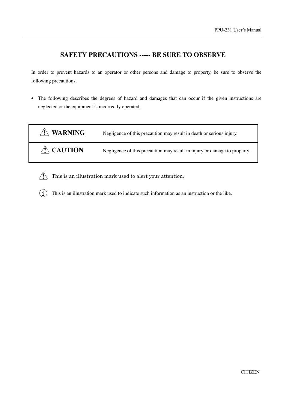 Safety precautions ----- be sure to observe, Warning, Caution | CITIZEN PPU-231 User Manual | Page 6 / 100