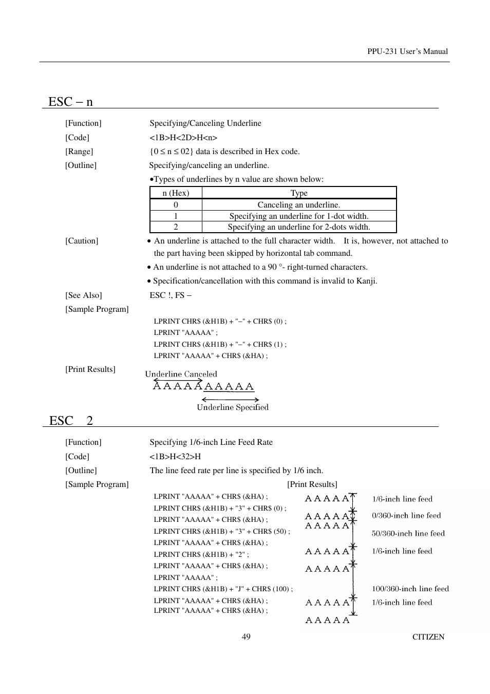Esc − n, Esc 2 | CITIZEN PPU-231 User Manual | Page 62 / 100