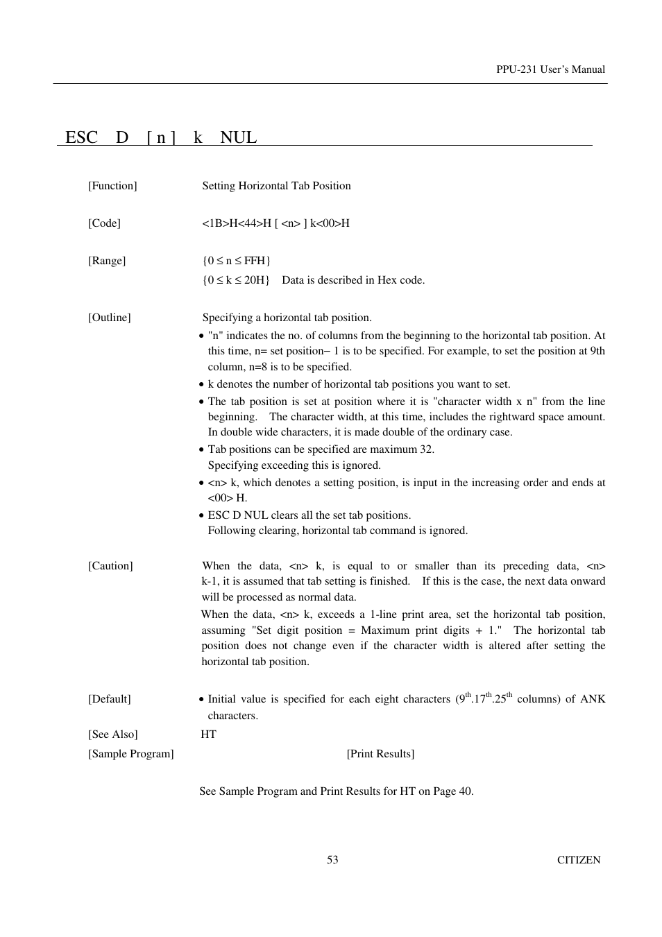 Esc d [ n ] k nul | CITIZEN PPU-231 User Manual | Page 66 / 100
