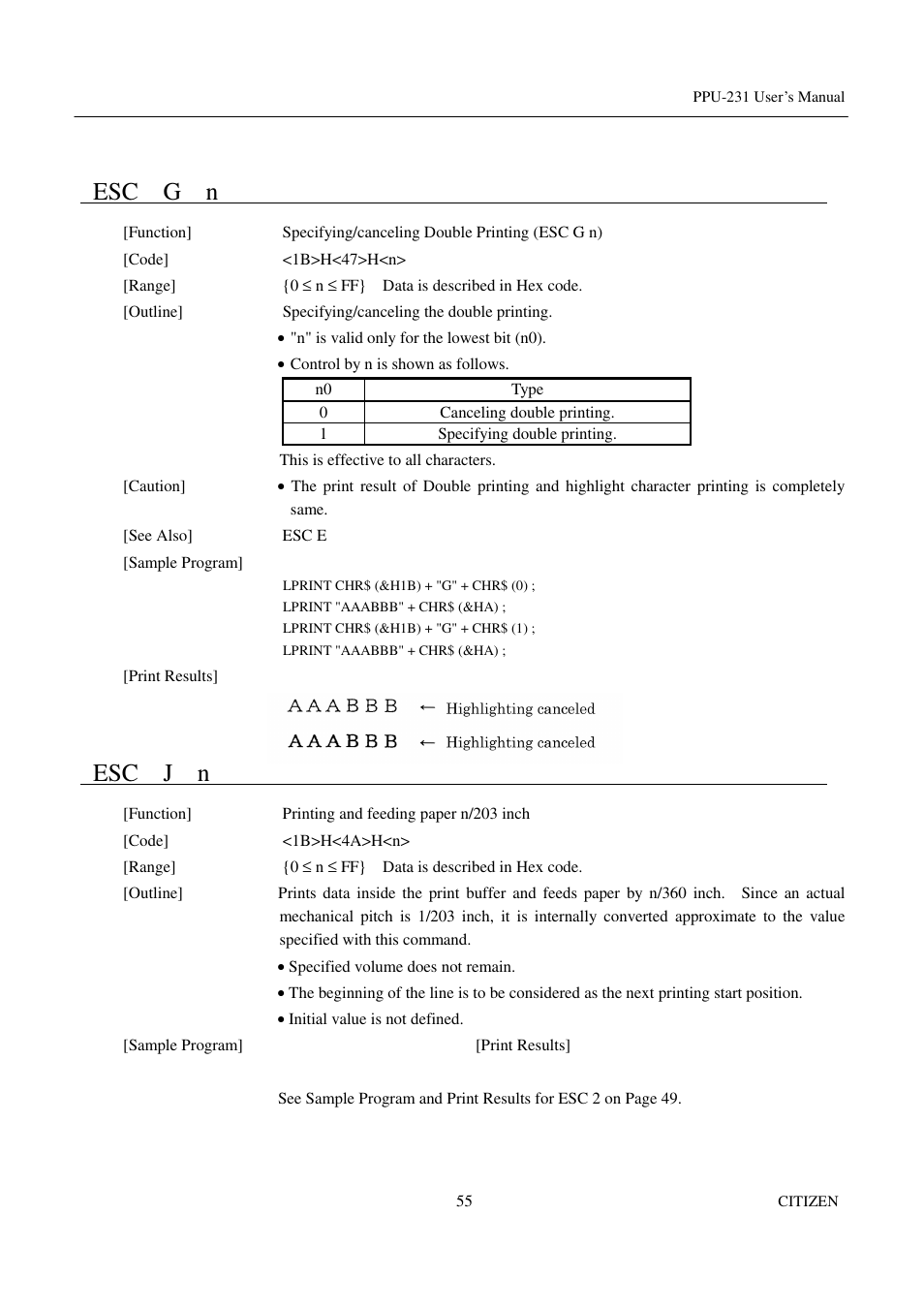 Esc g n, Esc j n | CITIZEN PPU-231 User Manual | Page 68 / 100