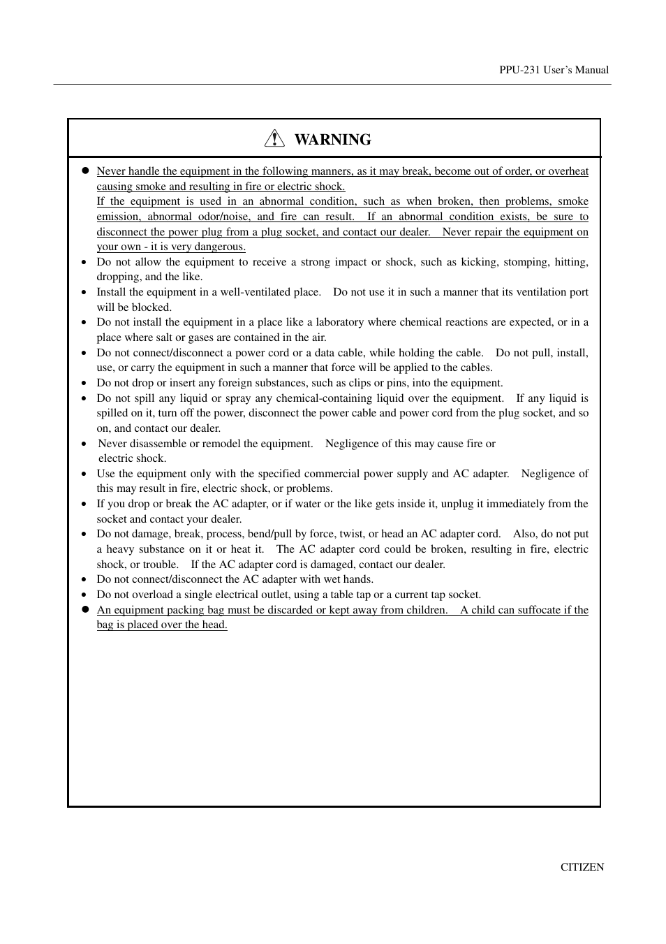 Warning | CITIZEN PPU-231 User Manual | Page 7 / 100