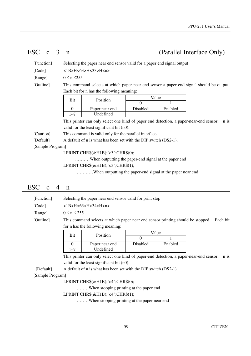 Esc c 3 n (parallel interface only), Esc c 4 n | CITIZEN PPU-231 User Manual | Page 72 / 100