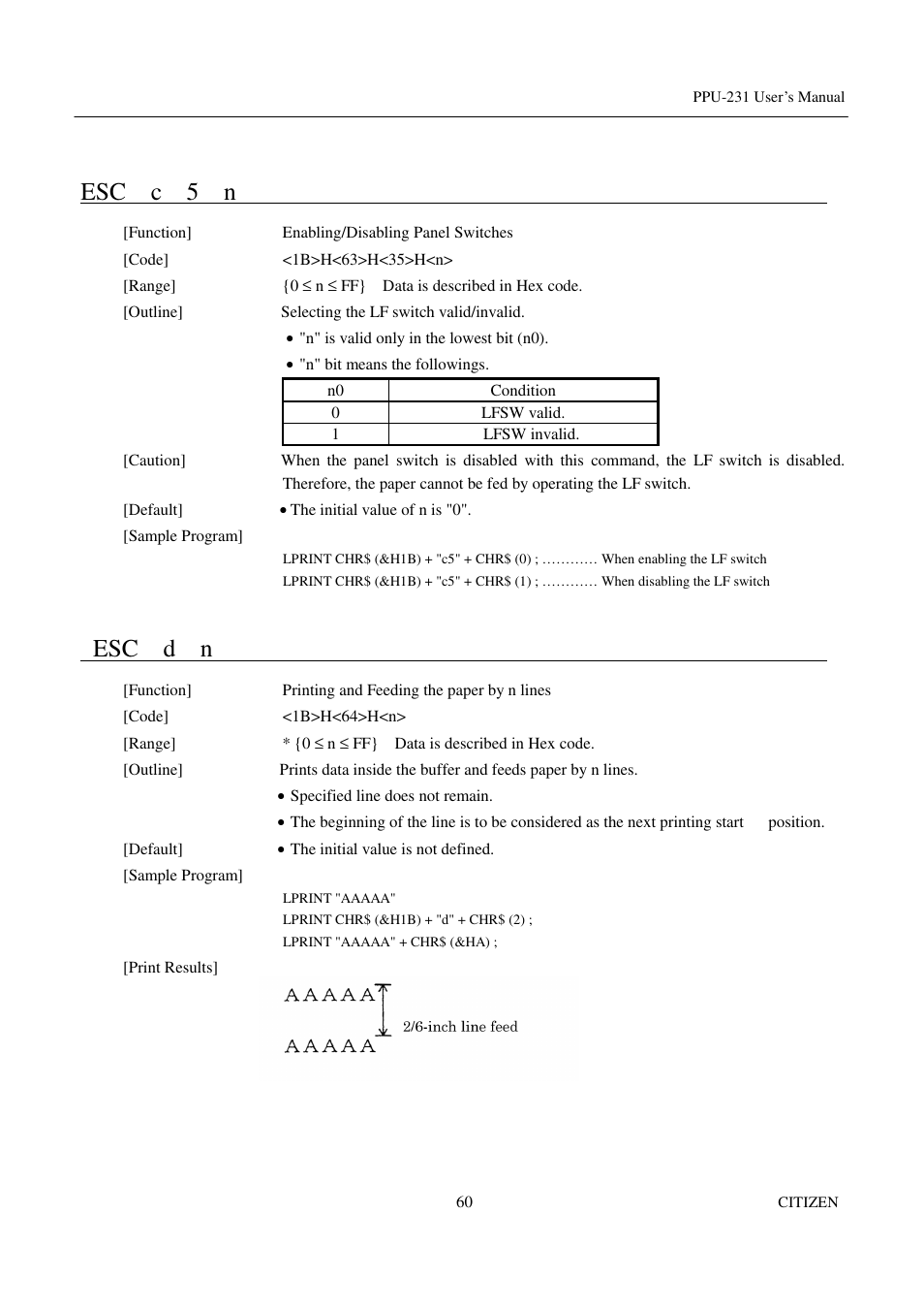 Esc c 5 n, Esc d n | CITIZEN PPU-231 User Manual | Page 73 / 100