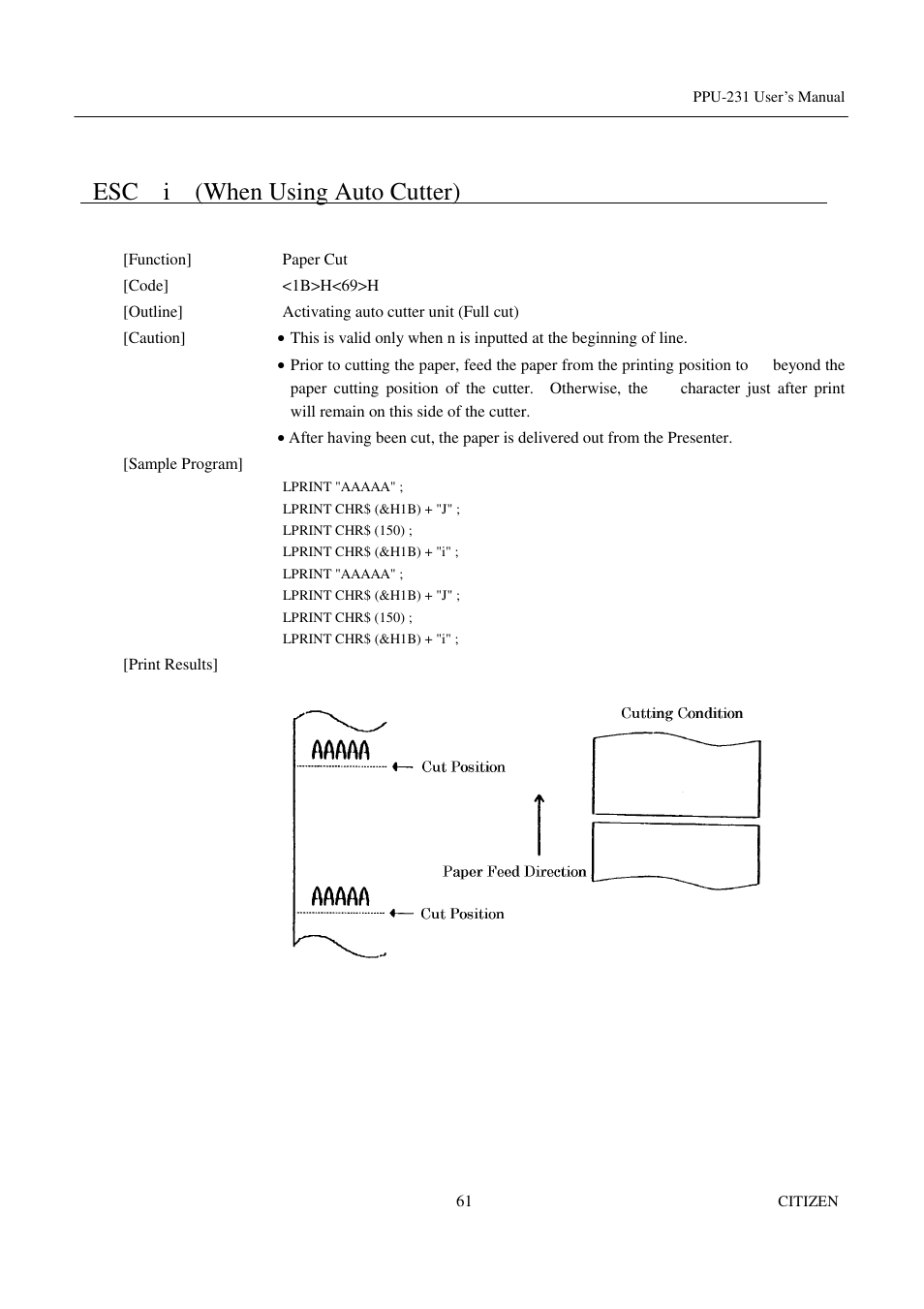 Esc i (when using auto cutter) | CITIZEN PPU-231 User Manual | Page 74 / 100