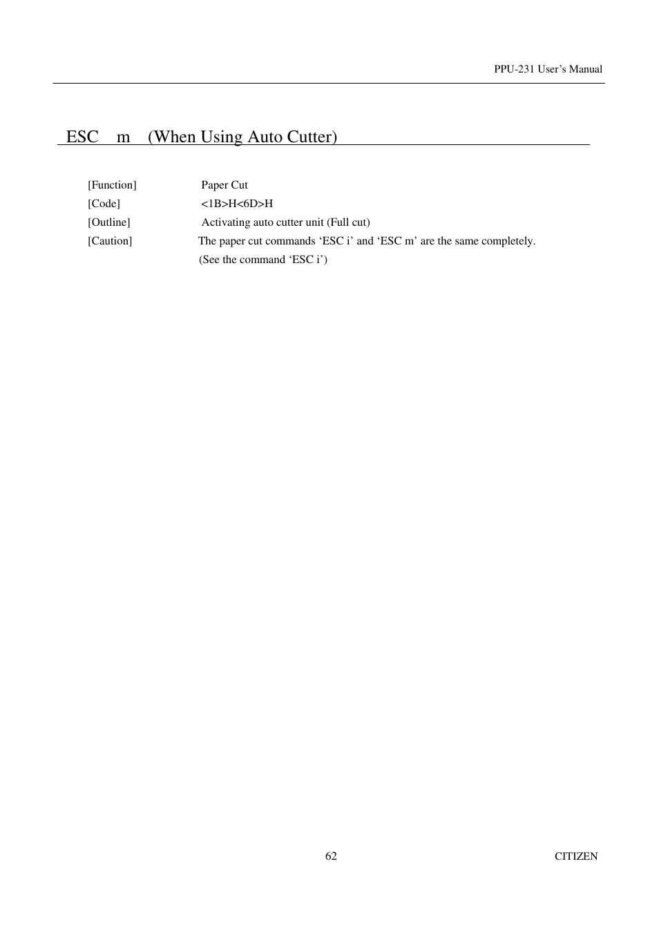 Esc m (when using auto cutter) | CITIZEN PPU-231 User Manual | Page 75 / 100