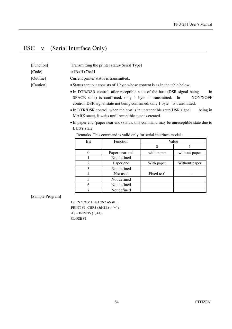Esc v (serial interface only) | CITIZEN PPU-231 User Manual | Page 77 / 100