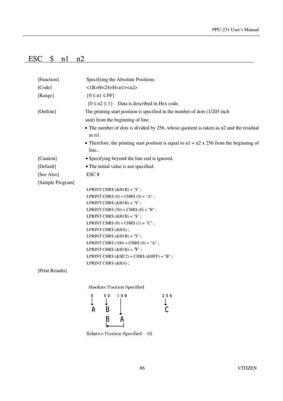 Esc $ n1 n2 | CITIZEN PPU-231 User Manual | Page 79 / 100