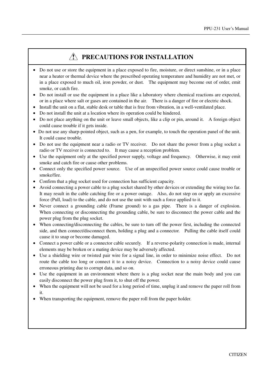 Precautions for installation | CITIZEN PPU-231 User Manual | Page 8 / 100