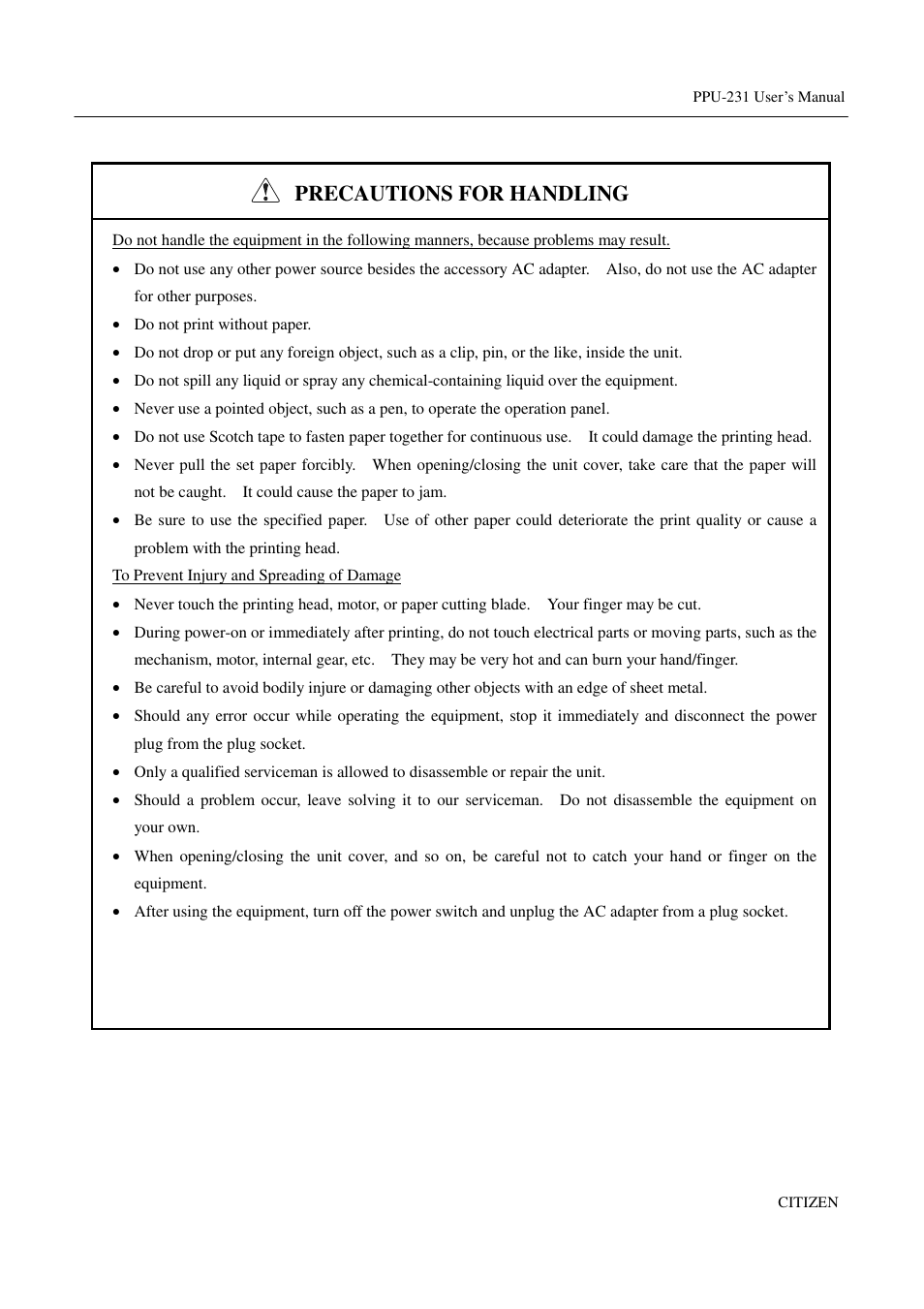 Precautions for handling | CITIZEN PPU-231 User Manual | Page 9 / 100