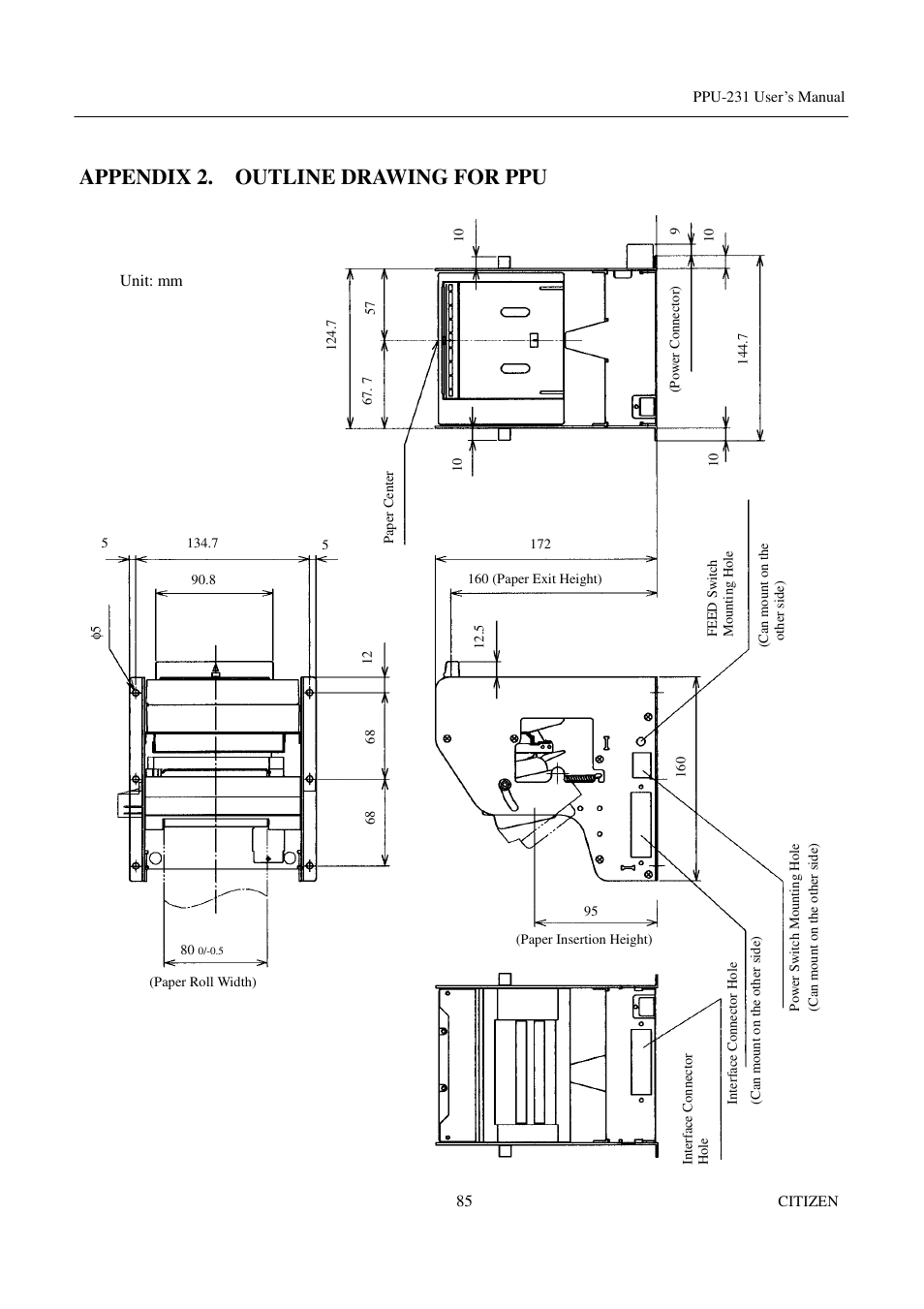 Appendix 2. outline drawing for ppu | CITIZEN PPU-231 User Manual | Page 98 / 100