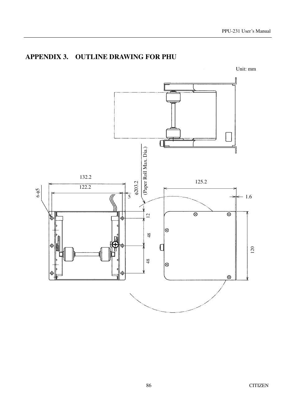 Appendix 3. outline drawing for phu | CITIZEN PPU-231 User Manual | Page 99 / 100
