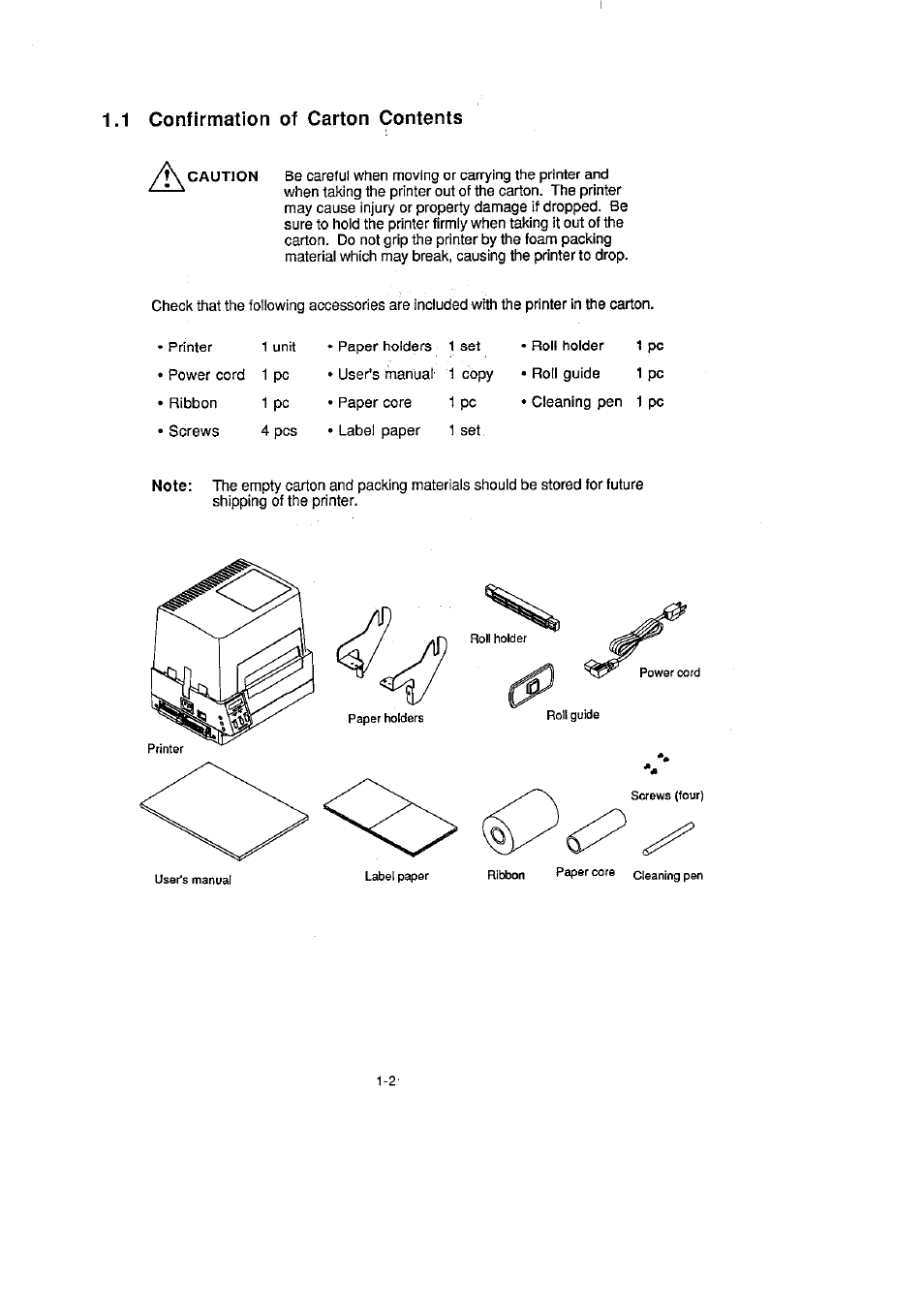 1 confirmation of carton contents, 1 confirmation of carton contents -2 | CITIZEN CLP-2001 User Manual | Page 14 / 68