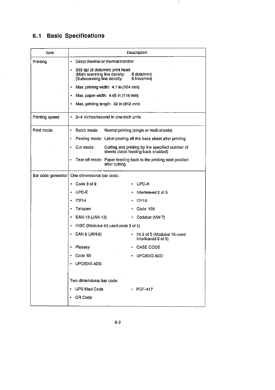 1 basic specifications, 1 basic specifications -2 | CITIZEN CLP-2001 User Manual | Page 54 / 68