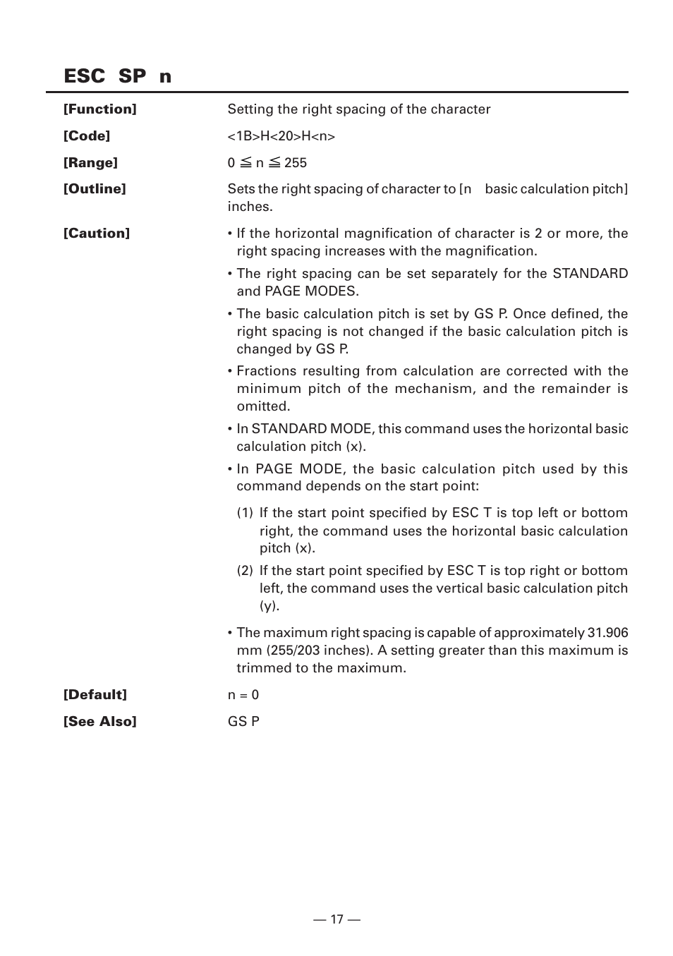 Esc sp n | CITIZEN CBM1000II User Manual | Page 19 / 112