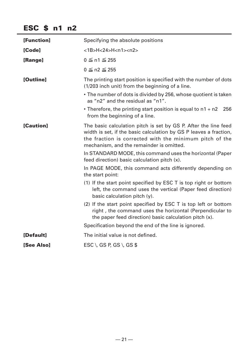 Esc $ n1 n2 | CITIZEN CBM1000II User Manual | Page 23 / 112