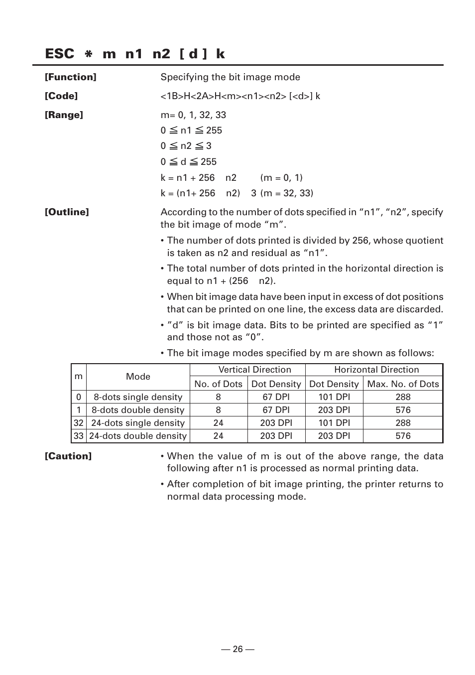 Esc * m n1 n2 [ d ] k, M n1 n2 [ d ] k | CITIZEN CBM1000II User Manual | Page 28 / 112