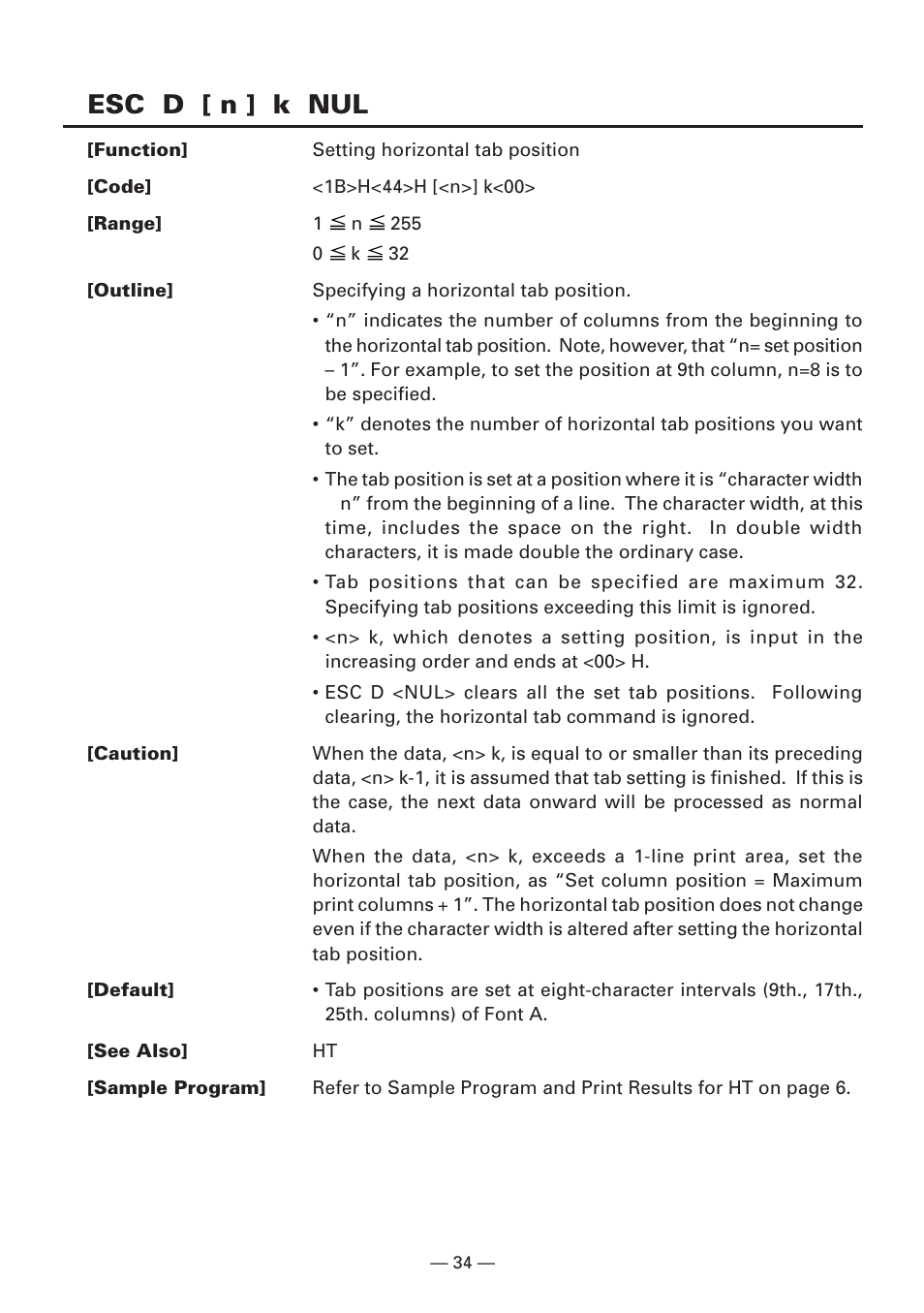 Esc d [ n ] k nul | CITIZEN CBM1000II User Manual | Page 36 / 112