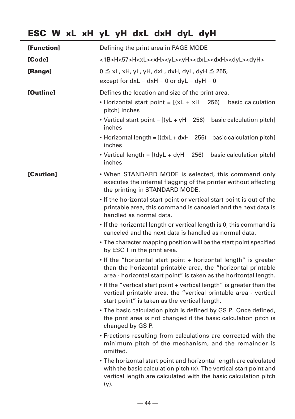 Esc w xl xh yl yh dxl dxh dyl dyh | CITIZEN CBM1000II User Manual | Page 46 / 112