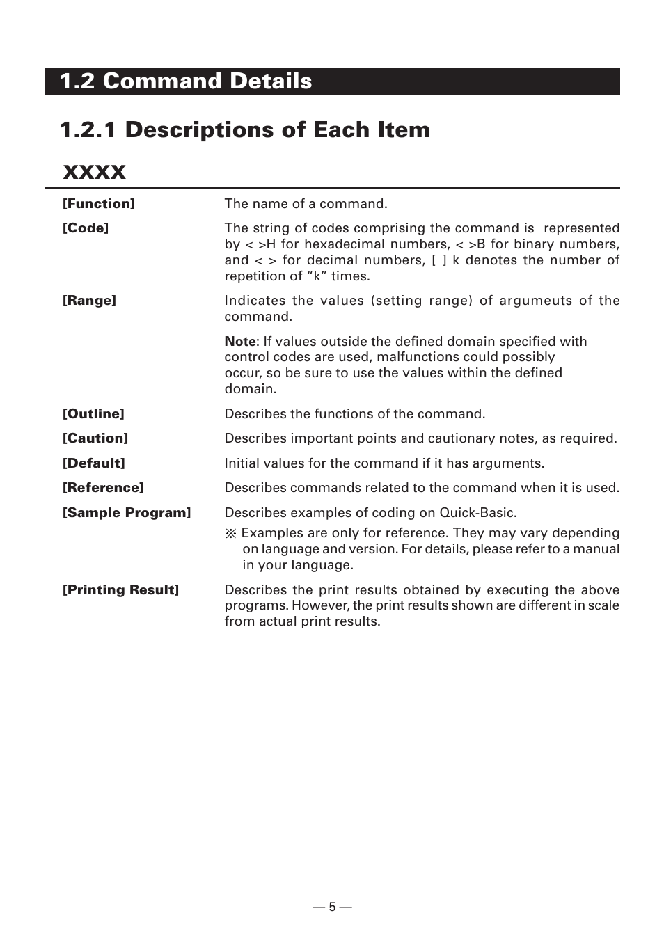 2 command details, 1 descriptions of each item, 2 command details 1.2.1 descriptions of each item | CITIZEN CBM1000II User Manual | Page 7 / 112