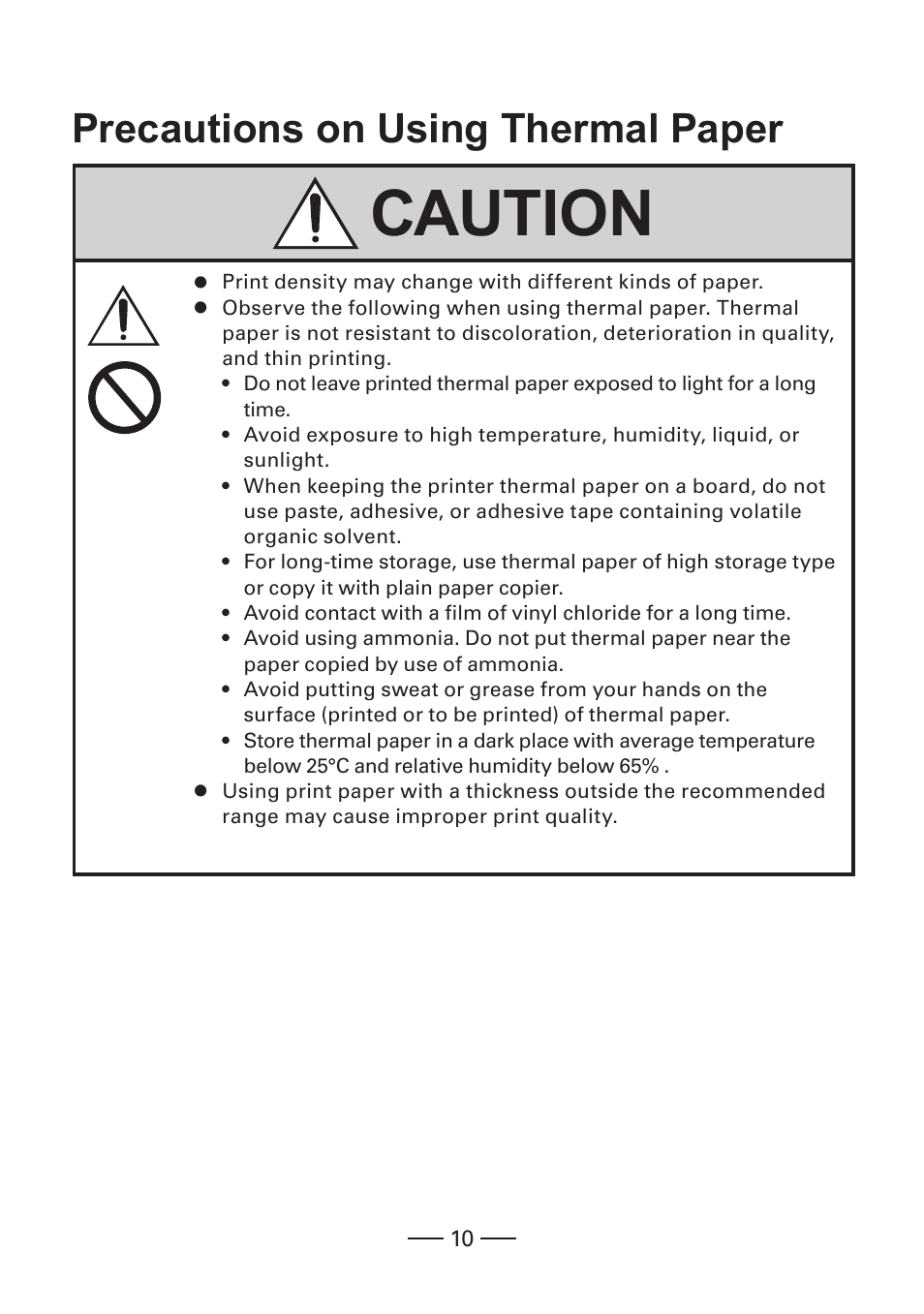 Precautions on using thermal paper, Caution | CITIZEN MOBILE THERMAL PRINTER CMP-20 User Manual | Page 10 / 33
