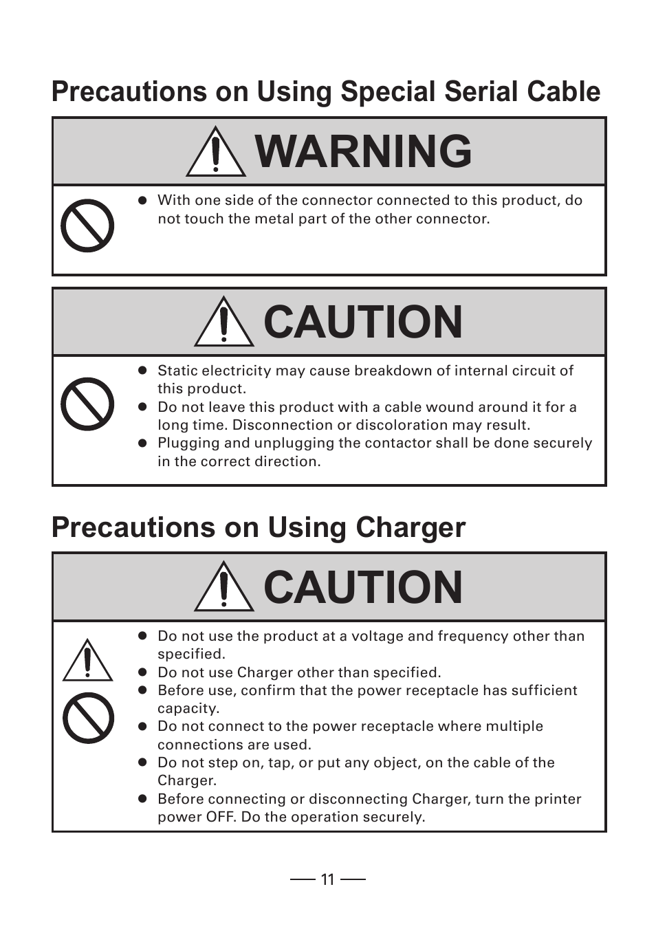 Precautions on using special serial cable, Precautions on using charger, Warning | Caution | CITIZEN MOBILE THERMAL PRINTER CMP-20 User Manual | Page 11 / 33