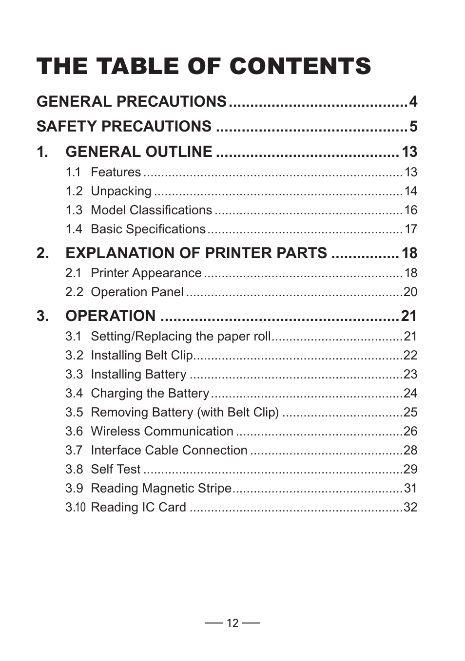The table of contents | CITIZEN MOBILE THERMAL PRINTER CMP-20 User Manual | Page 12 / 33