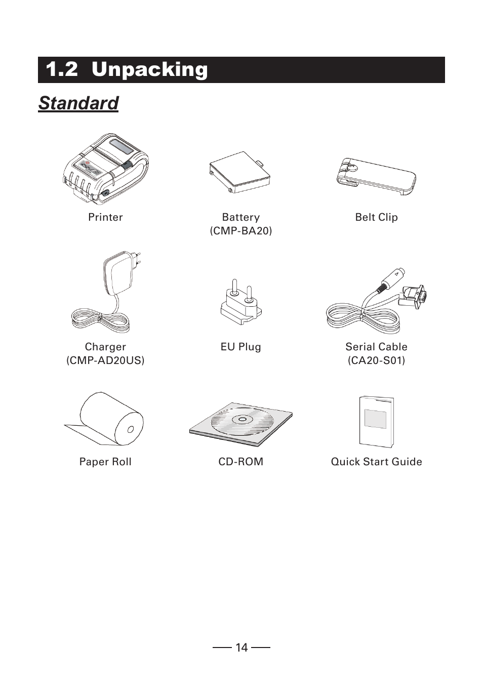 2 unpacking, Standard | CITIZEN MOBILE THERMAL PRINTER CMP-20 User Manual | Page 14 / 33