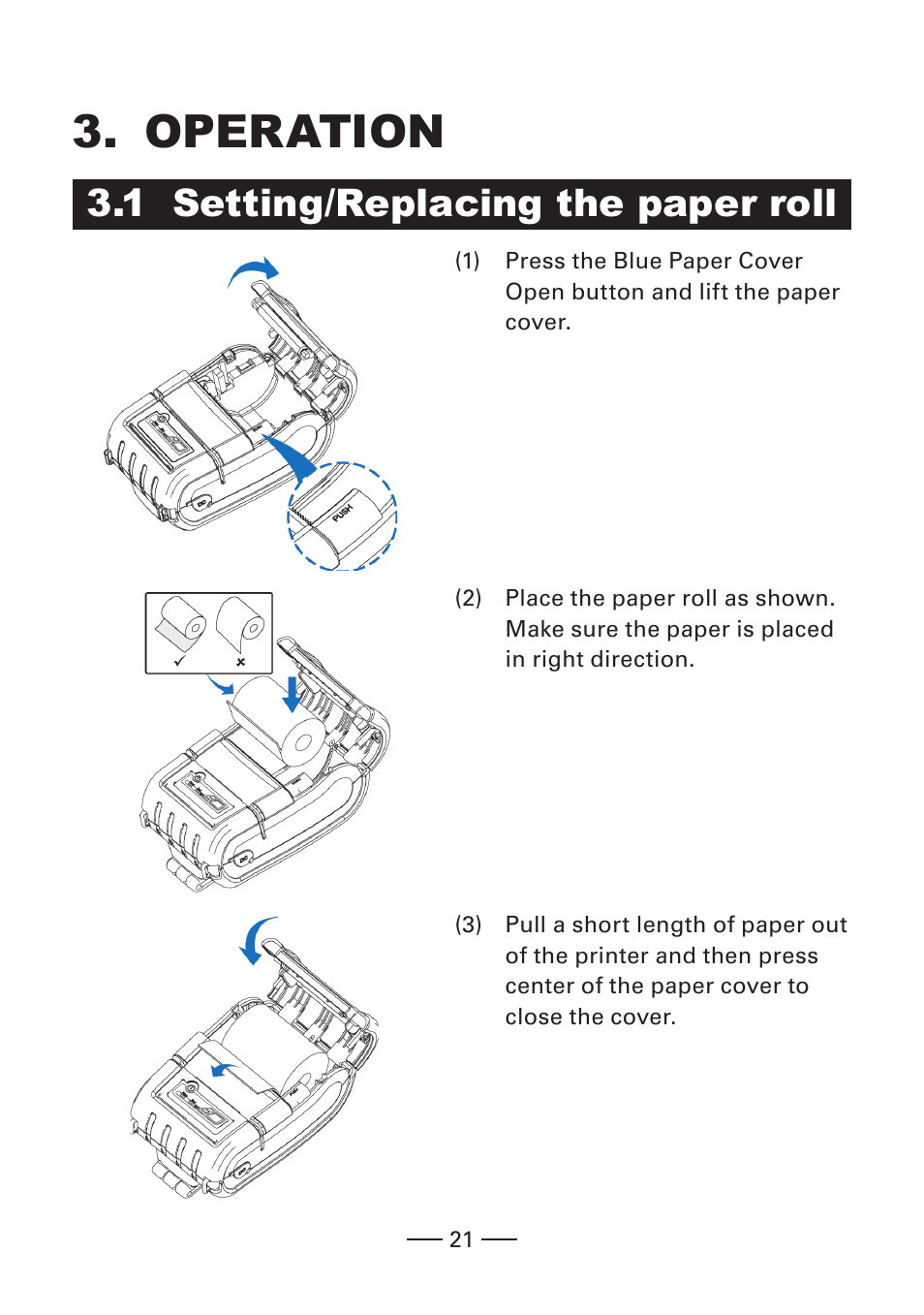 Operation, 1 setting/replacing the paper roll | CITIZEN MOBILE THERMAL PRINTER CMP-20 User Manual | Page 21 / 33