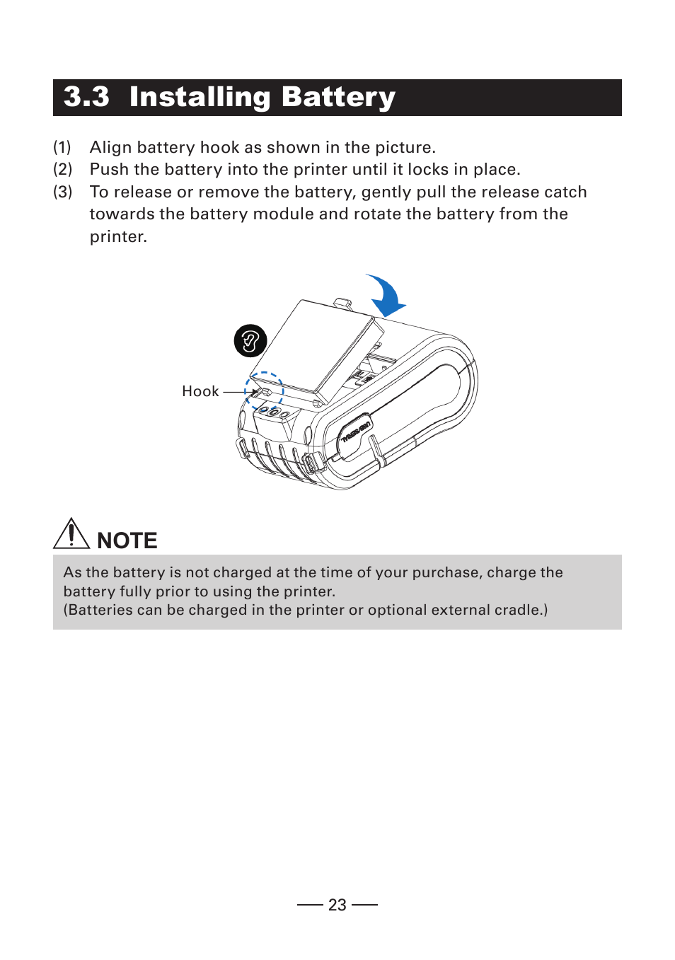 3 installing battery, N 3.3 installing battery t | CITIZEN MOBILE THERMAL PRINTER CMP-20 User Manual | Page 23 / 33