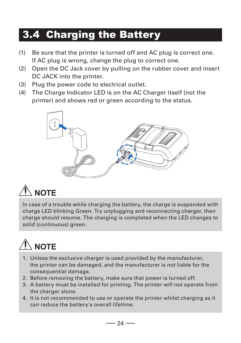 4 charging the battery | CITIZEN MOBILE THERMAL PRINTER CMP-20 User Manual | Page 24 / 33