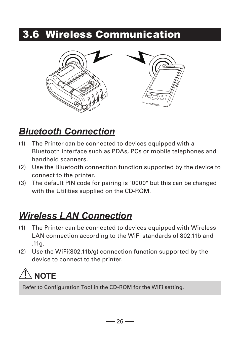 6 wireless communication, Bluetooth connection, Wireless lan connection | CITIZEN MOBILE THERMAL PRINTER CMP-20 User Manual | Page 26 / 33