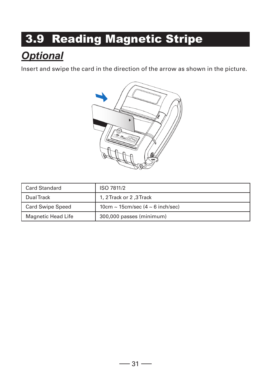 9 reading magnetic stripe, Optional | CITIZEN MOBILE THERMAL PRINTER CMP-20 User Manual | Page 31 / 33