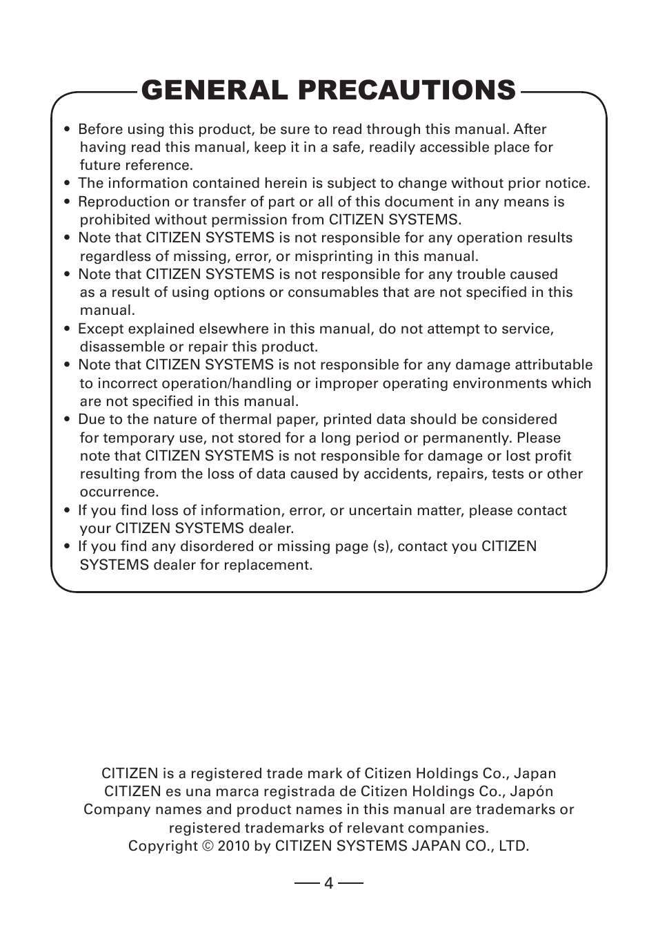 General precautions | CITIZEN MOBILE THERMAL PRINTER CMP-20 User Manual | Page 4 / 33