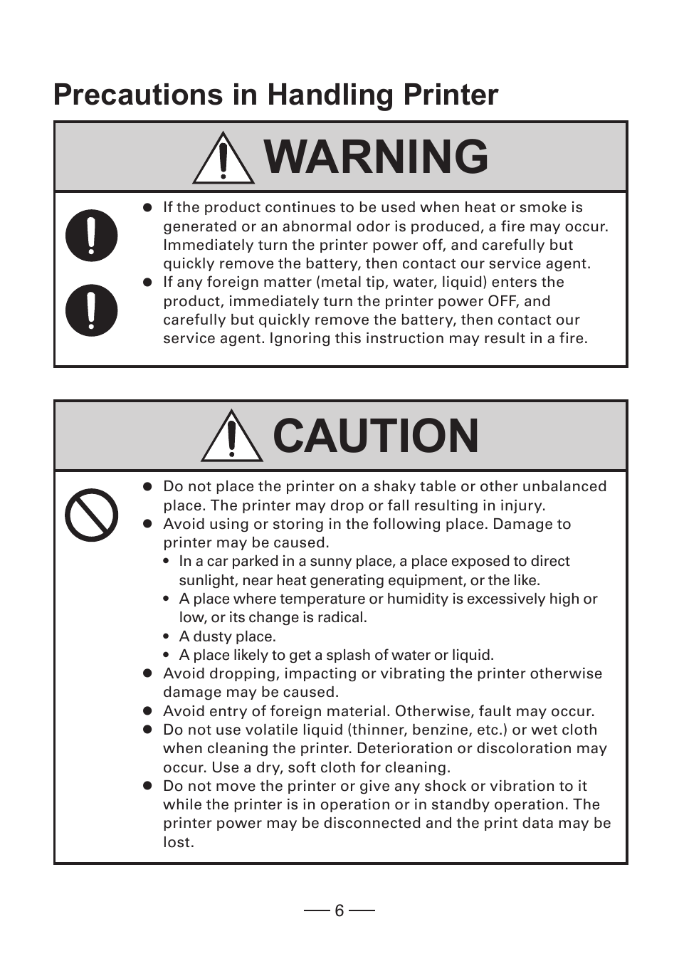 Precautions in handling printer, Warning, Caution | CITIZEN MOBILE THERMAL PRINTER CMP-20 User Manual | Page 6 / 33