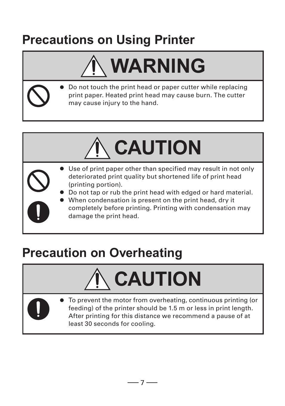 Precautions on using printer, Warning, Caution | Precaution on overheating | CITIZEN MOBILE THERMAL PRINTER CMP-20 User Manual | Page 7 / 33