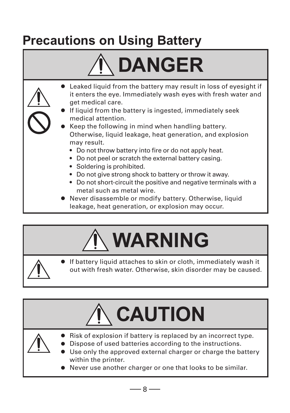 Precautions on using battery, Danger, Warning | Caution | CITIZEN MOBILE THERMAL PRINTER CMP-20 User Manual | Page 8 / 33