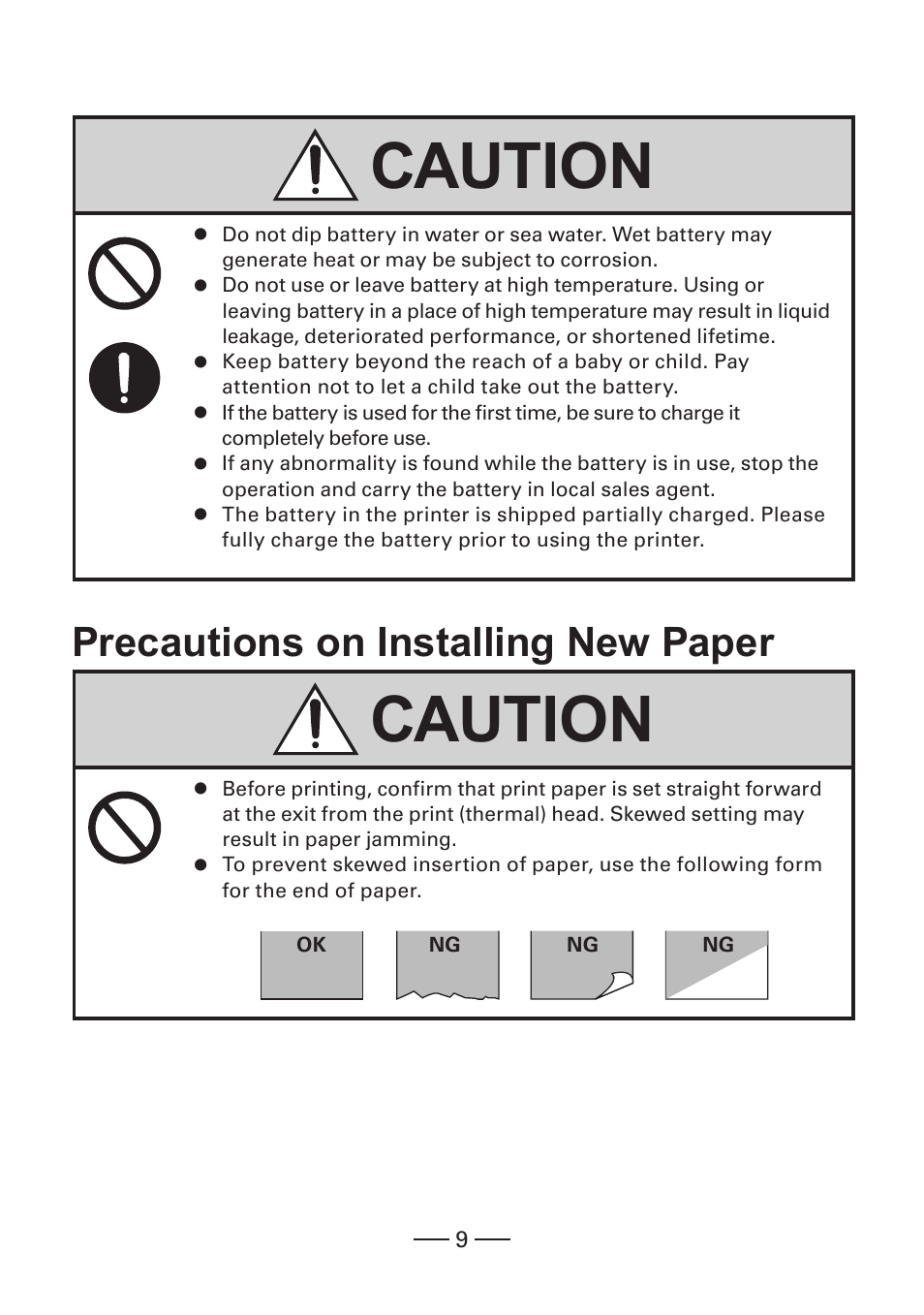Precautions on installing new paper, Caution | CITIZEN MOBILE THERMAL PRINTER CMP-20 User Manual | Page 9 / 33