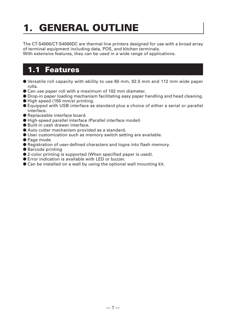 General outline, 1 features | CITIZEN CT-S4000DC User Manual | Page 10 / 136