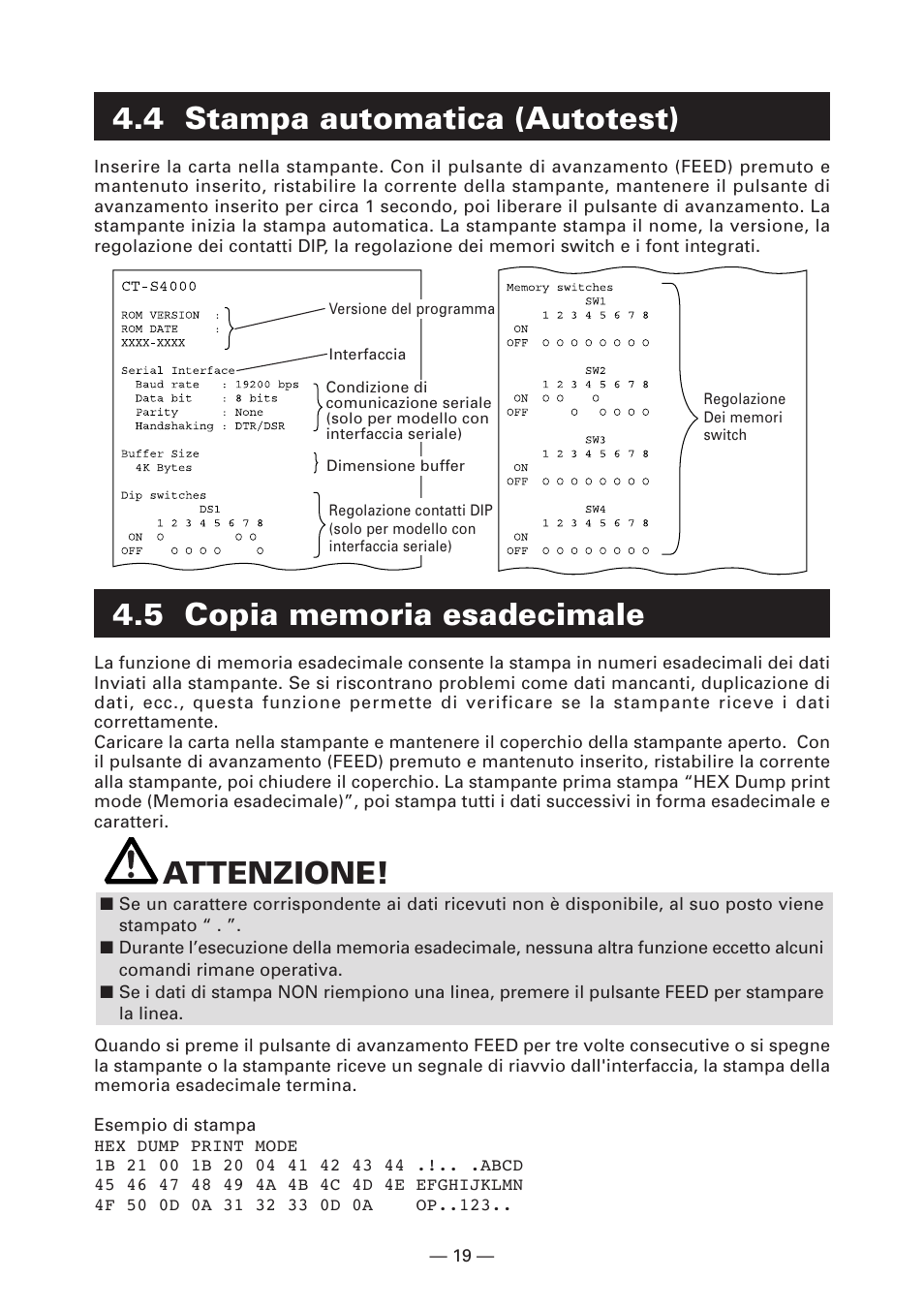 4 stampa automatica (autotest), 5 copia memoria esadecimale, Attenzione | CITIZEN CT-S4000DC User Manual | Page 100 / 136