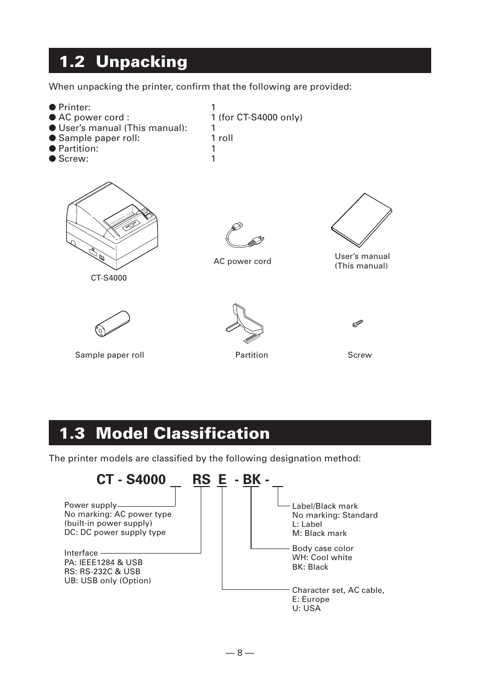 2 unpacking, 3 model classification, Ct - s4000 rs e - bk | CITIZEN CT-S4000DC User Manual | Page 11 / 136