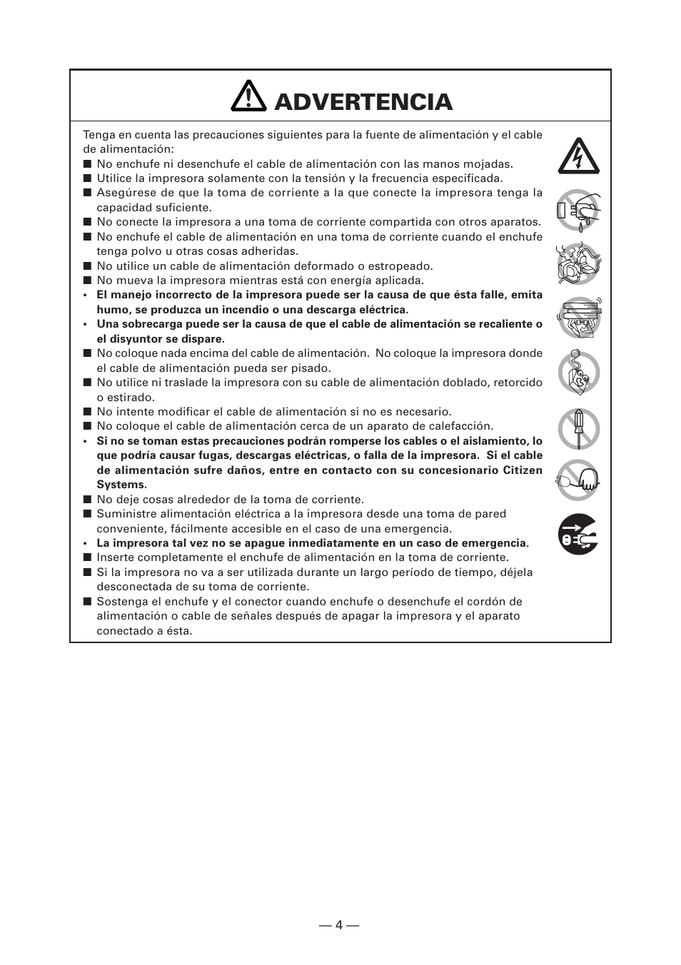 Advertencia | CITIZEN CT-S4000DC User Manual | Page 111 / 136