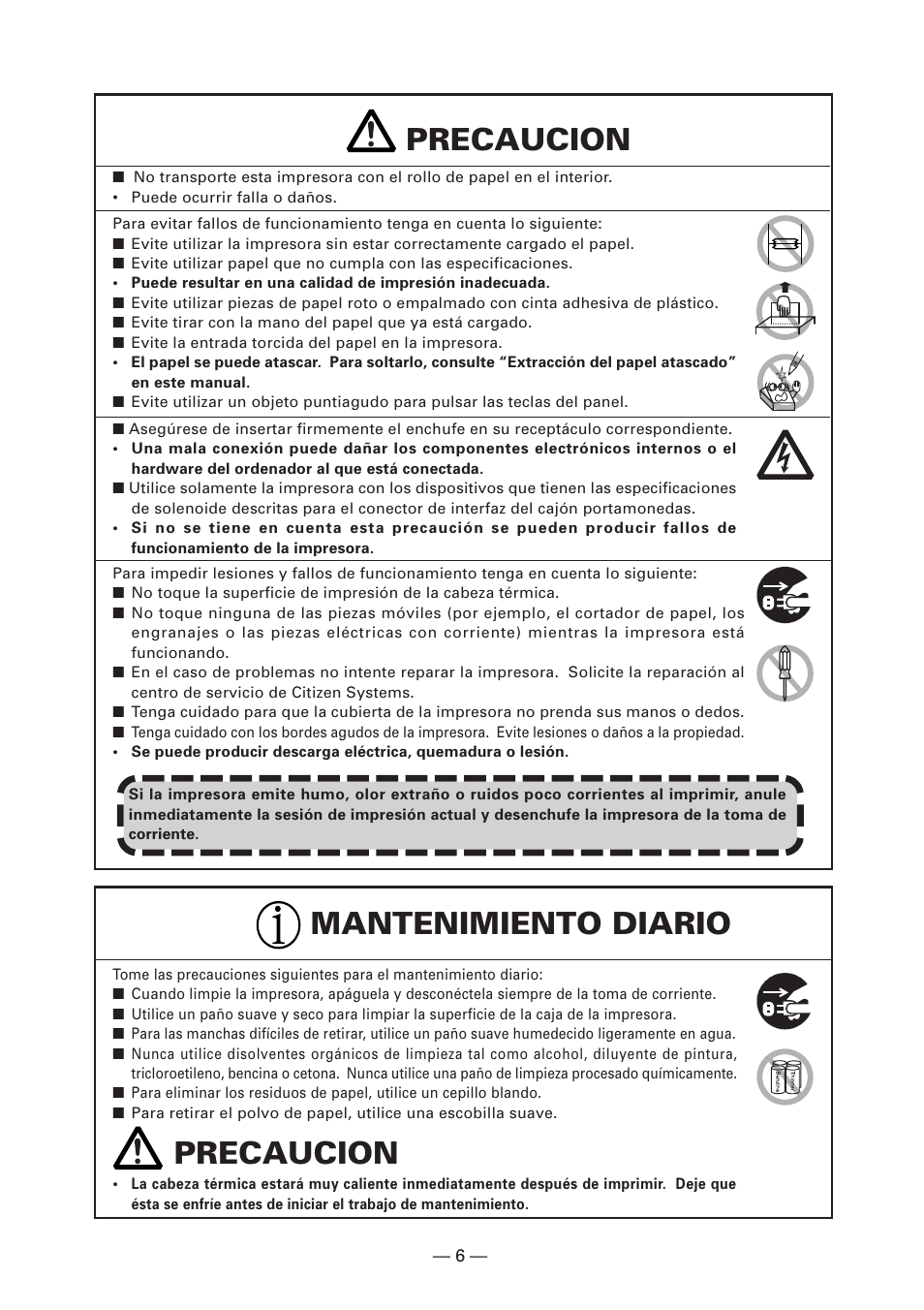 Precaucion, Mantenimiento diario precaucion | CITIZEN CT-S4000DC User Manual | Page 113 / 136