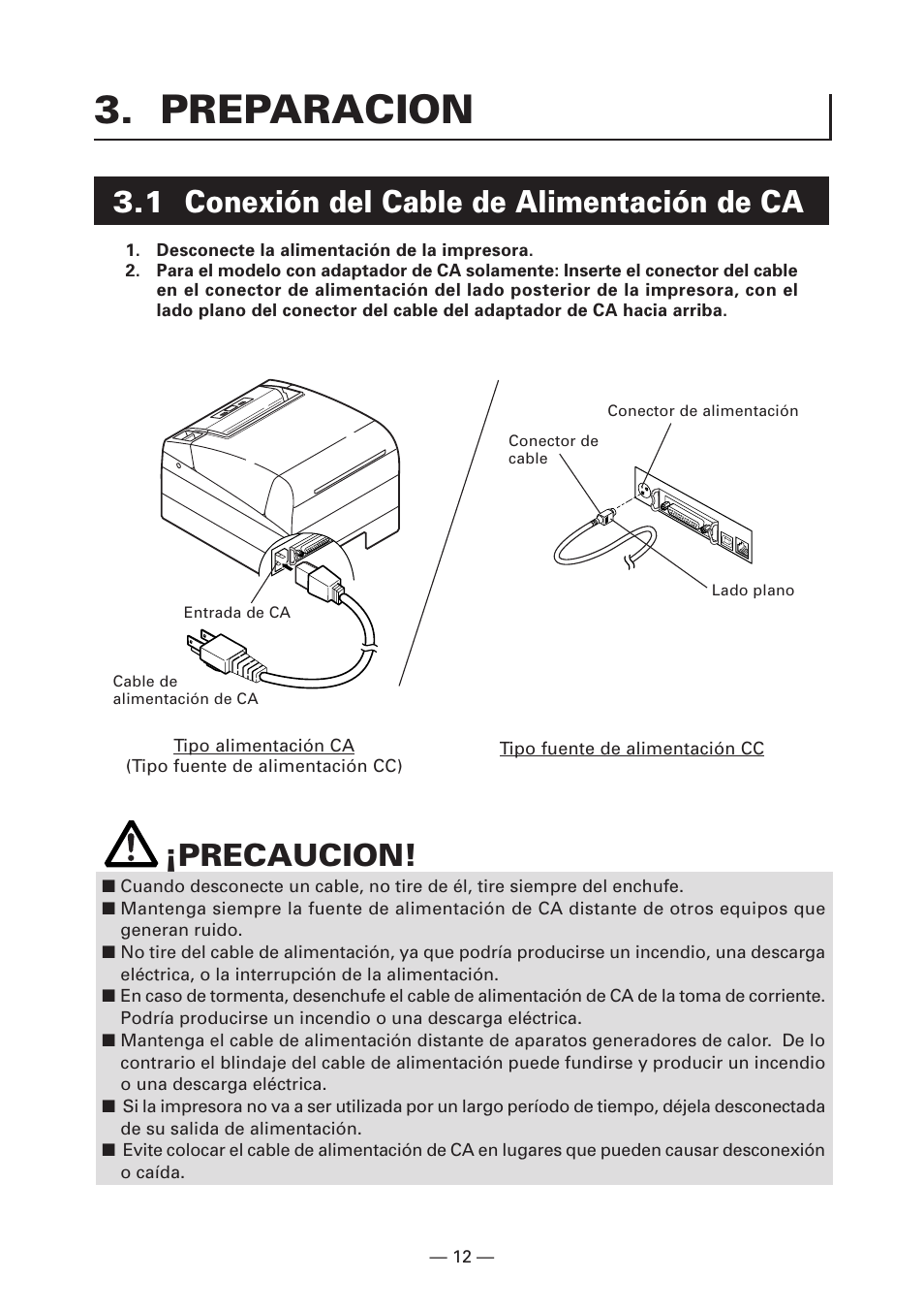 Preparacion, 1 conexión del cable de alimentación de ca, Precaucion | CITIZEN CT-S4000DC User Manual | Page 119 / 136