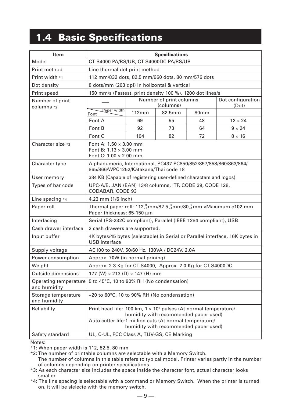 4 basic specifications | CITIZEN CT-S4000DC User Manual | Page 12 / 136